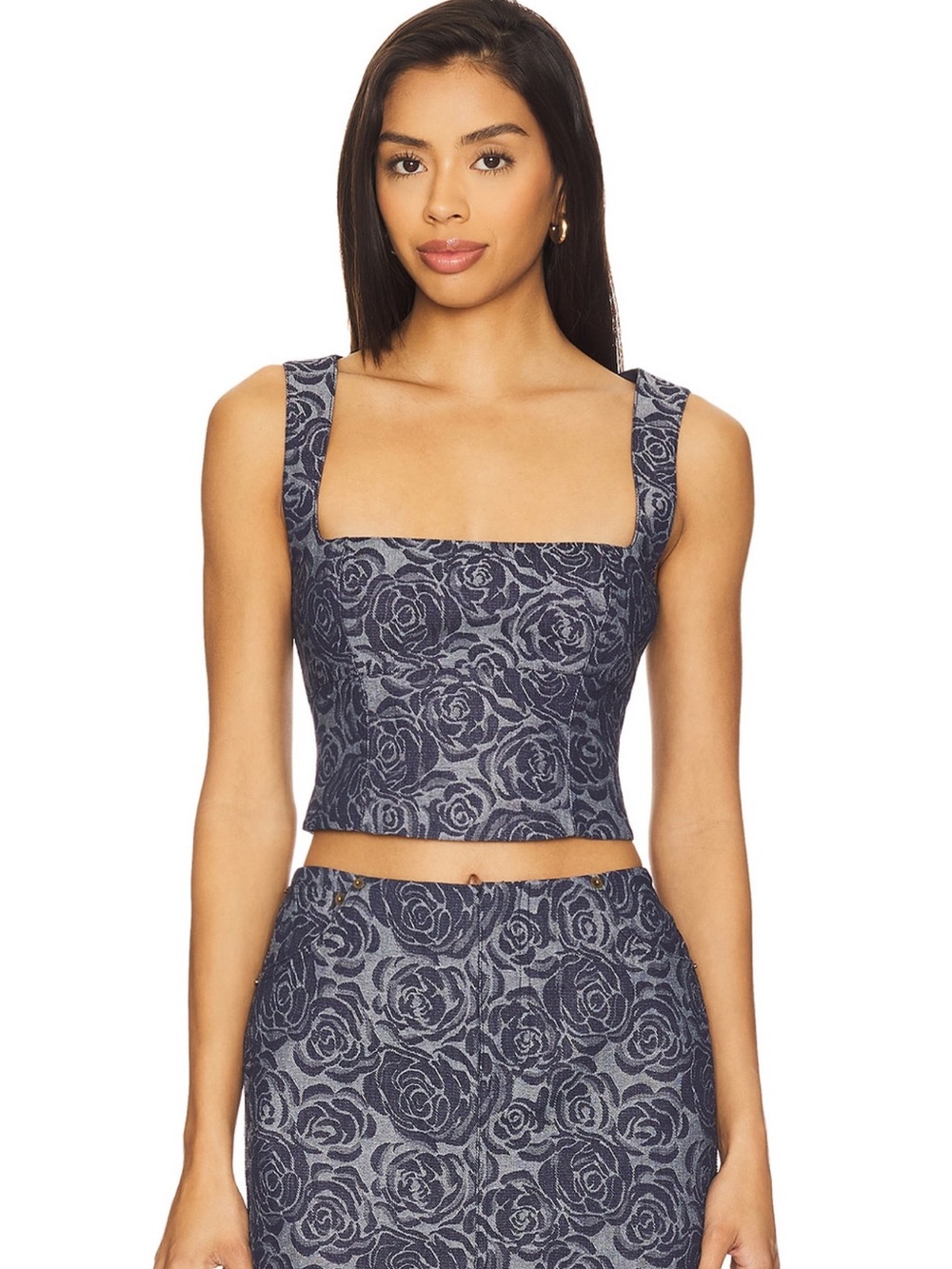 REVOLVE Rose-Pattern Square-Neck Crop Top in Charcoal Blue